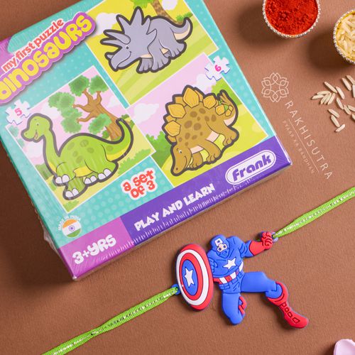 Fancy Captain America Rakhi N Dino Puzzle Gift